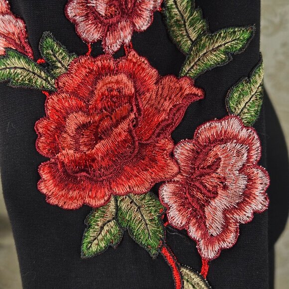 Reserved Size Small Black V-neck Bodycon Dress Rose Embroidered Long Sleeves - Picture 6 of 12